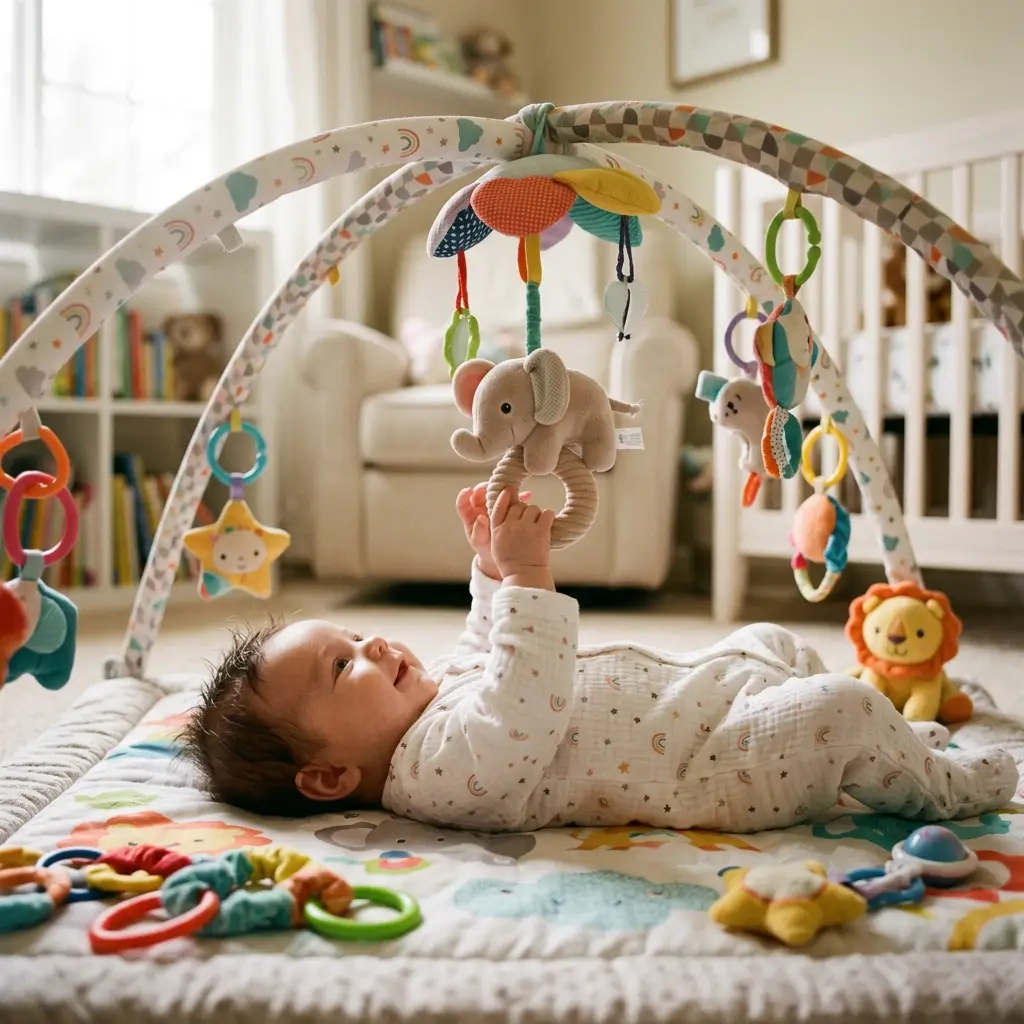 Bebê de 0 a 3 meses brincando com arco de atividades sensoriais e pelúcias coloridas, um dos melhores brinquedos para essa faixa etária