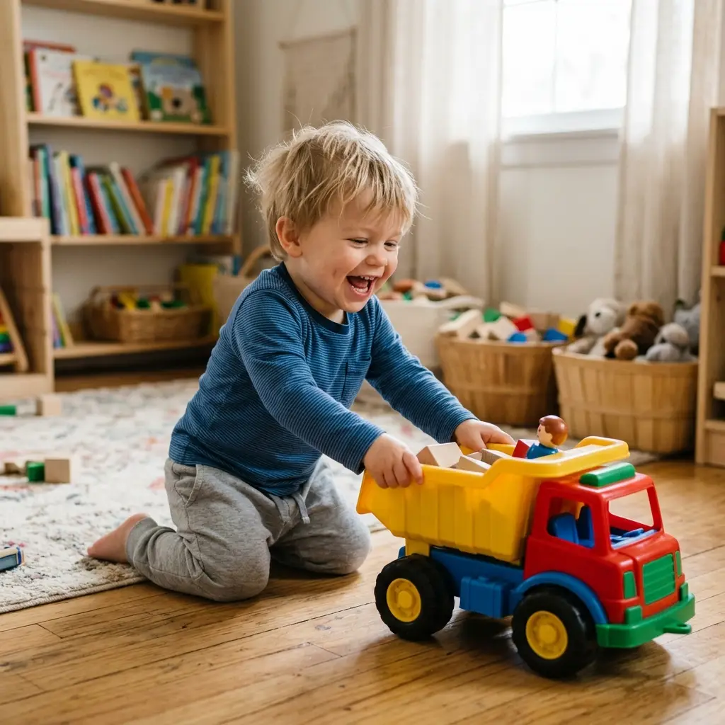 Menino de 1 a 2 anos brincando com carrinho de puxar colorido, um dos melhores brinquedos para essa idade
