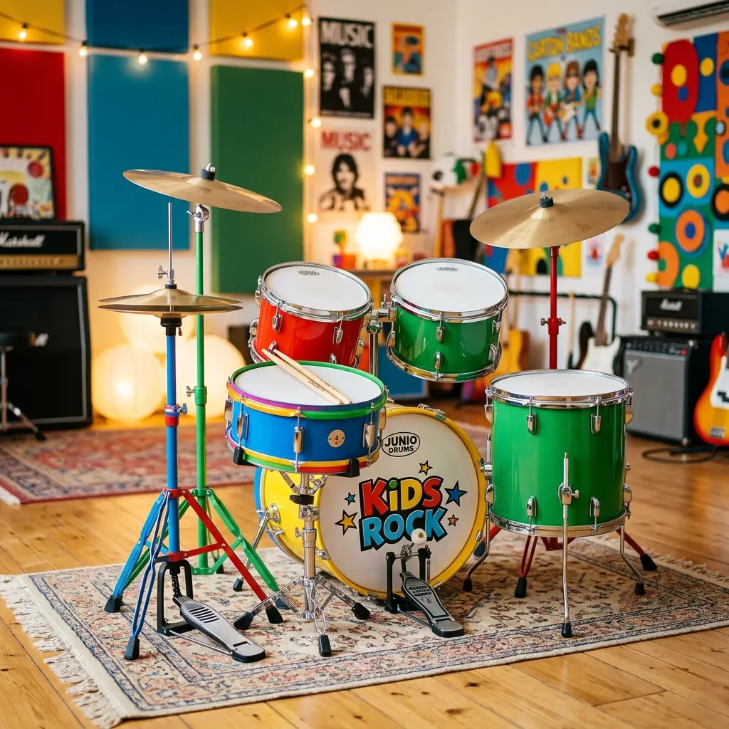 Criança brincando com bateria eletrônica infantil colorida, uma das melhores baterias infantis para crianças