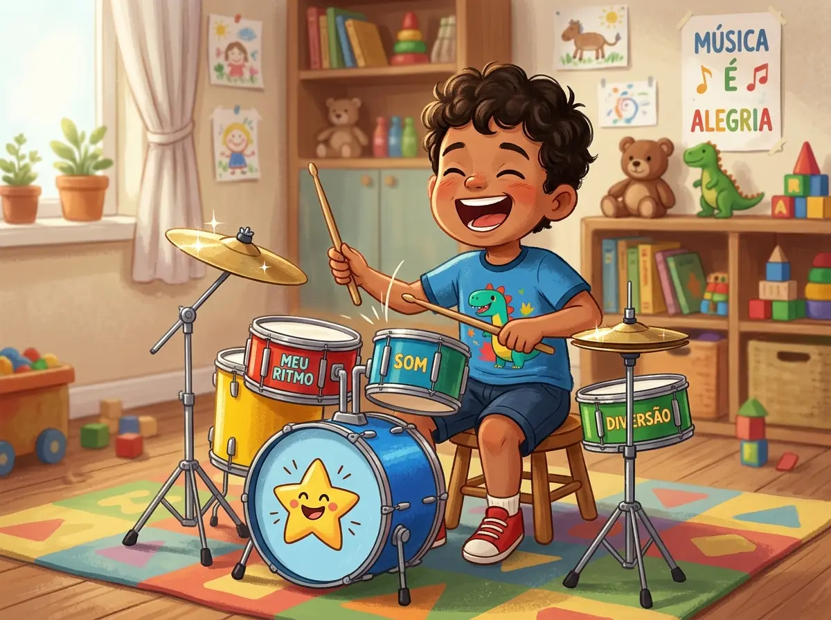 Baquetas e acessórios de bateria infantil organizados lado a lado