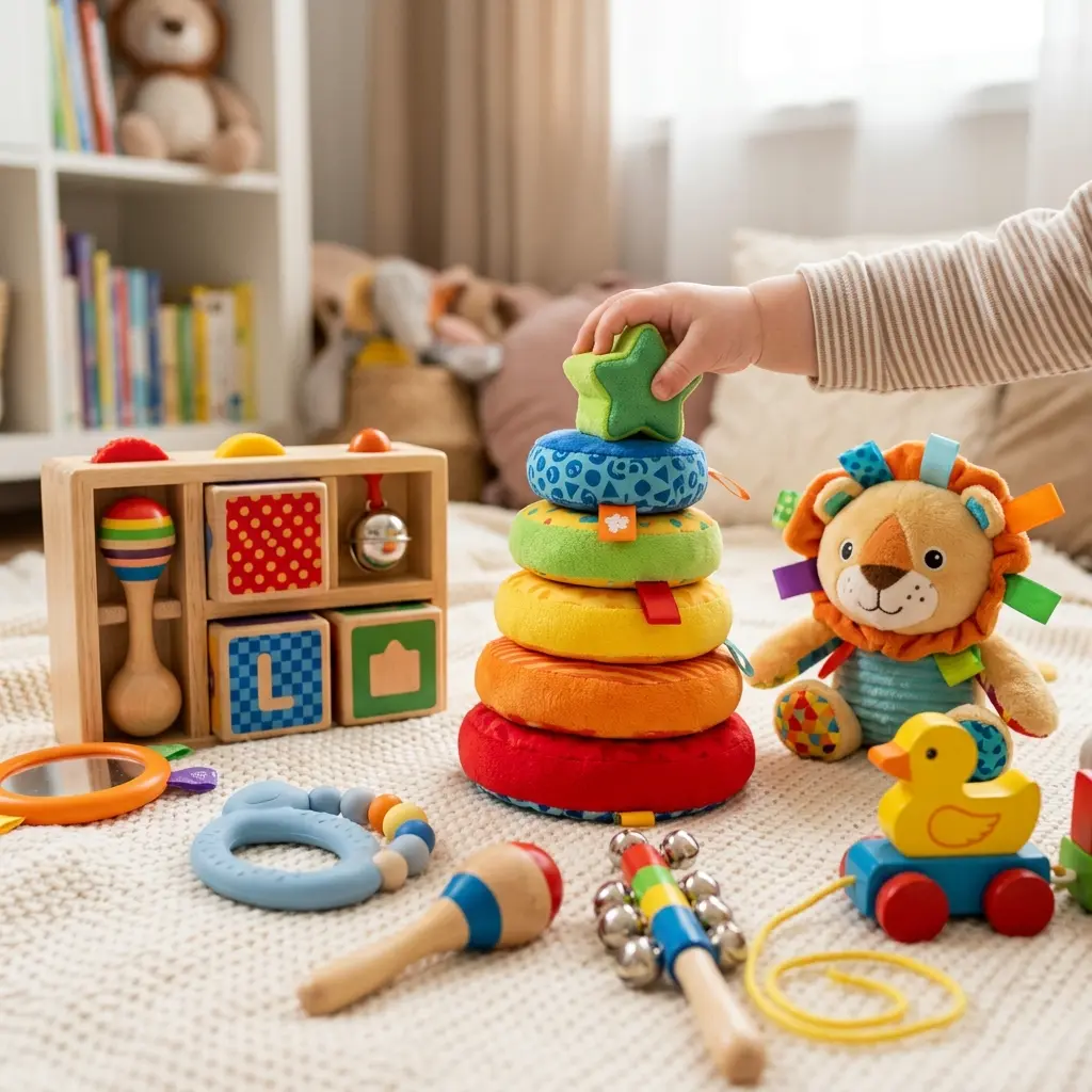Bebê de 1 ano brincando com brinquedo Fisher-Price colorido e interativo