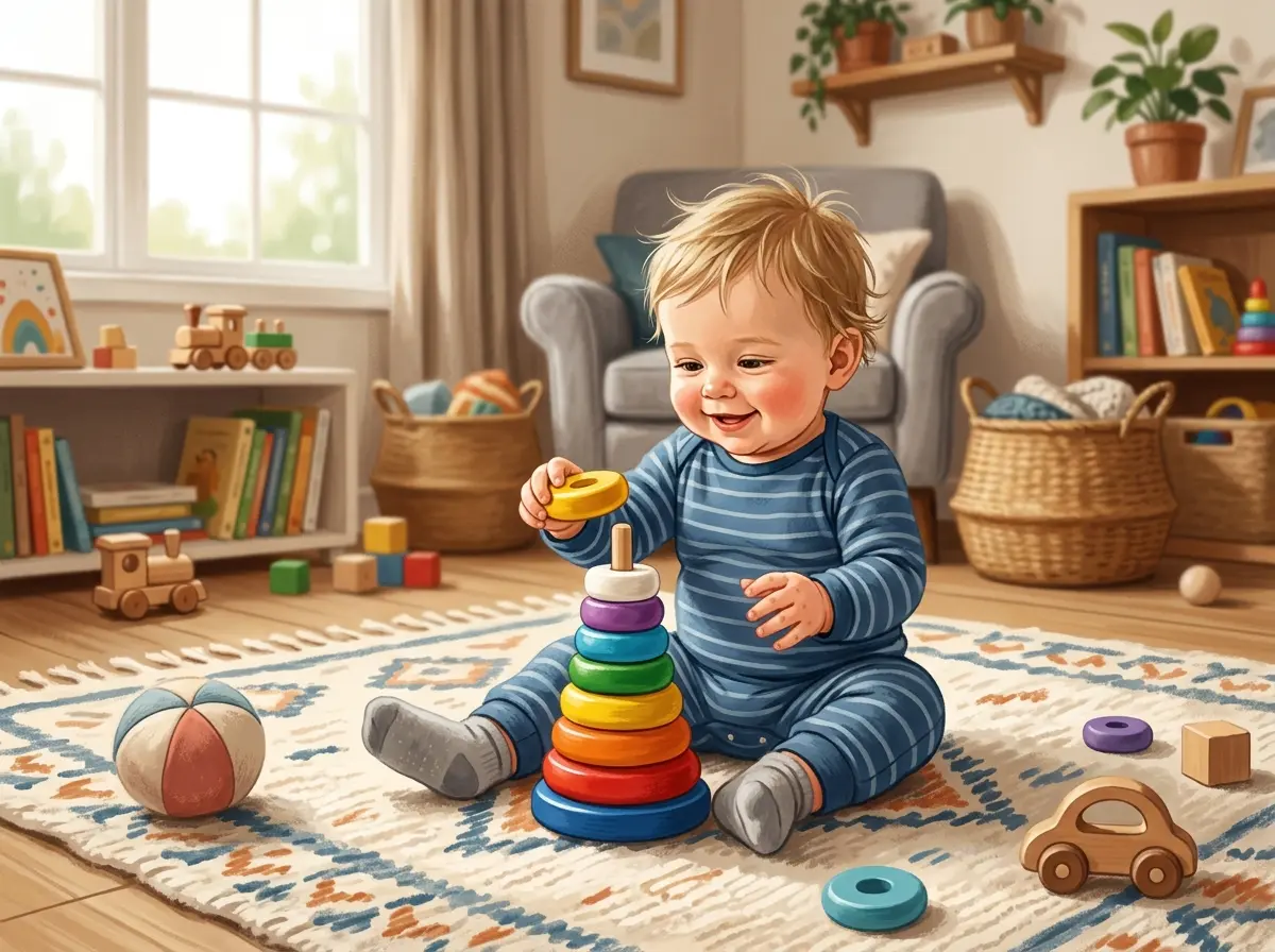 Brinquedos Fisher-Price educativos organizados lado a lado, com cores vibrantes e texturas variadas