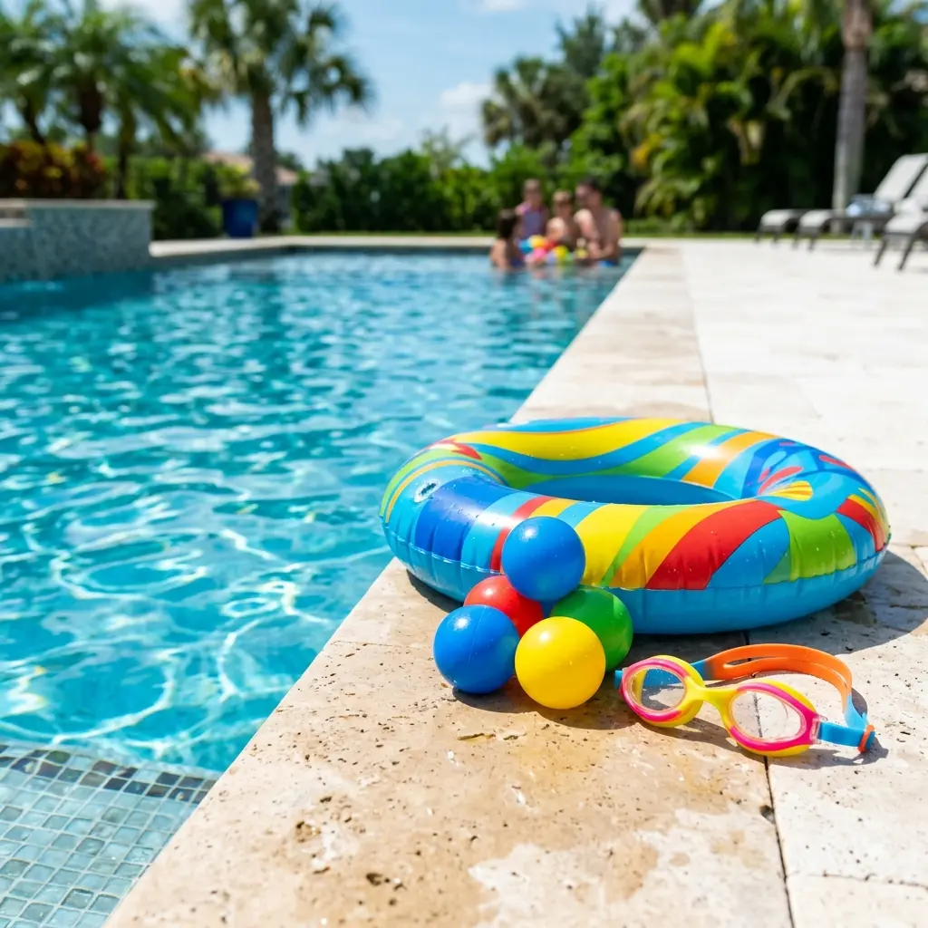 Brinquedos para piscina: diversão aquática para crianças Criança se divertindo com brinquedo inflável de piscina em dia de calor