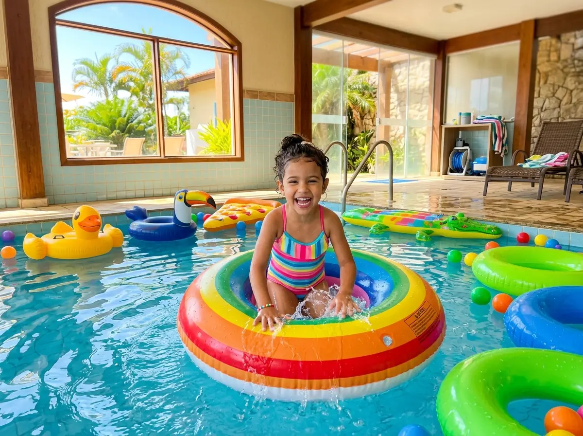 Boias e infláveis para piscina Boias e infláveis coloridos de piscina organizados lado a lado