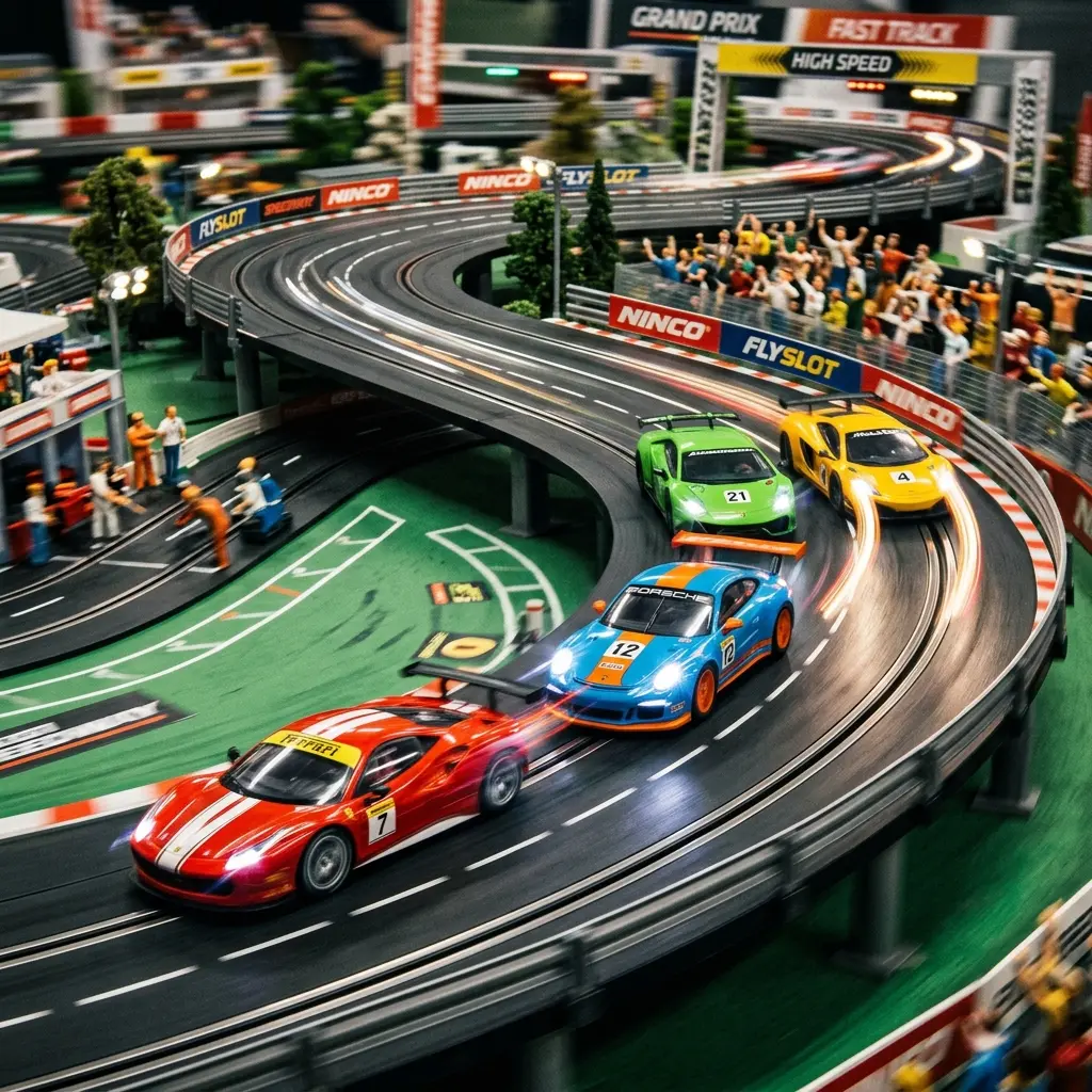 Criança montando pista de autorama com carrinhos elétricos coloridos