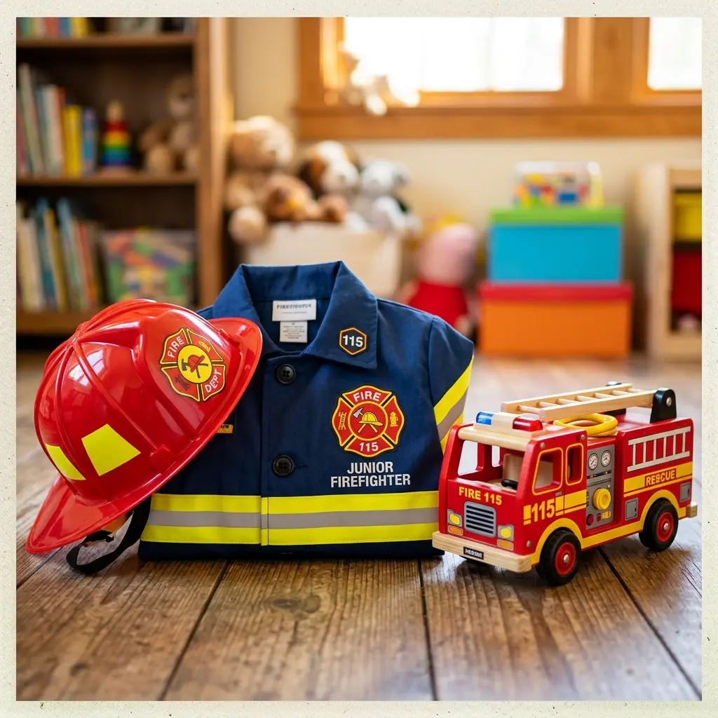 Brinquedos de bombeiro para crianças Criança vestida de bombeiro brincando com caminhão de brinquedo e capacete