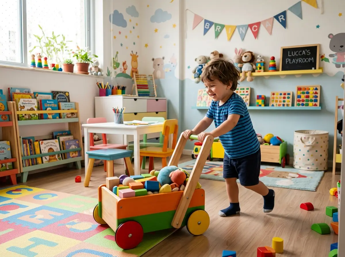 Blocos de montar coloridos e carrinhos de brinquedo organizados para meninos de 1 a 2 anos
