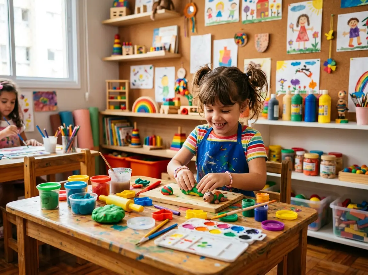 Massinhas e materiais de arte para crianças Massinhas de modelar e materiais de arte organizados lado a lado