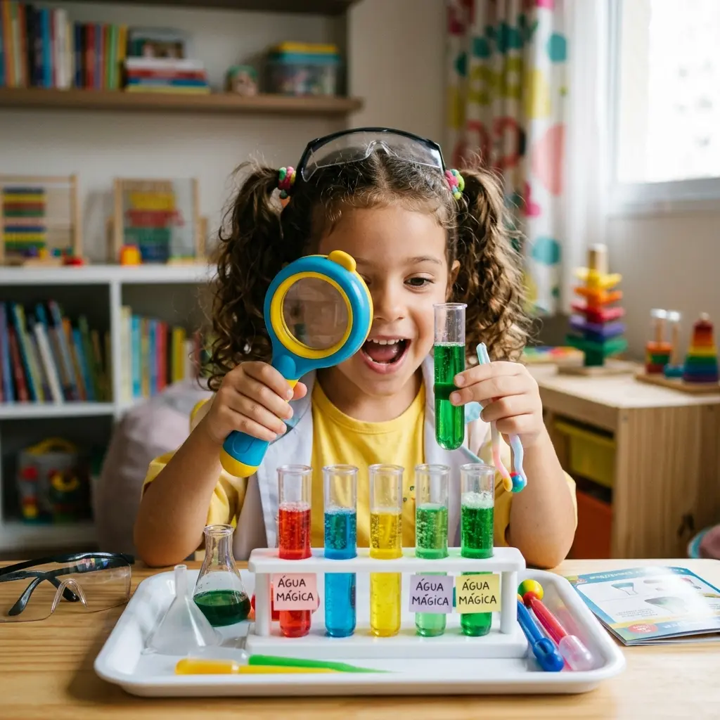 Criança fazendo experimento científico com kit de química para crianças