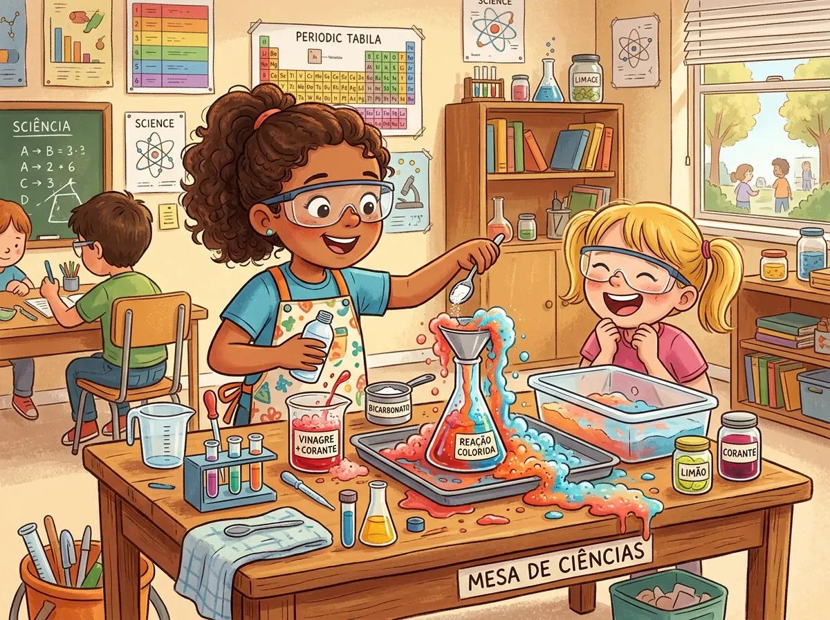 Microscópio infantil e kit de experimentos organizados lado a lado