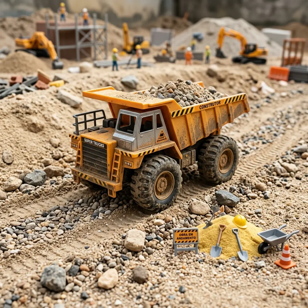 Caminhões de brinquedo para crianças Criança brincando com caminhão de brinquedo grande em uma pilha de areia