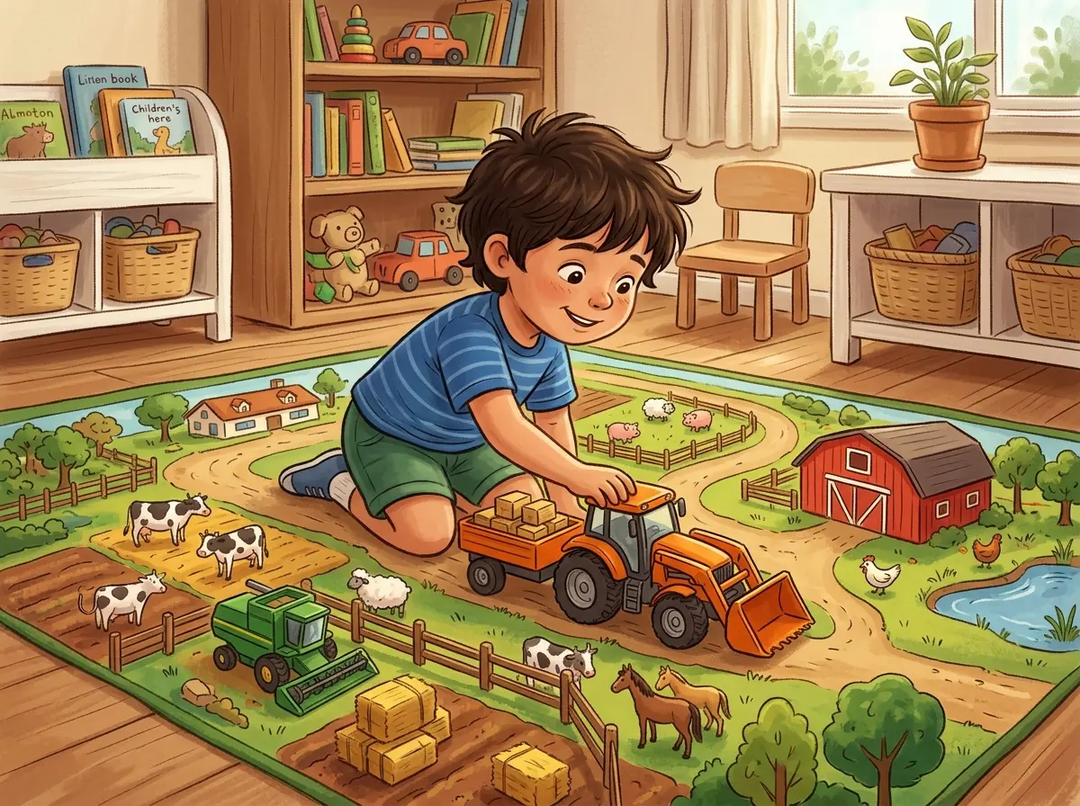 Trator de brinquedo com implementos agrícolas organizados lado a lado
