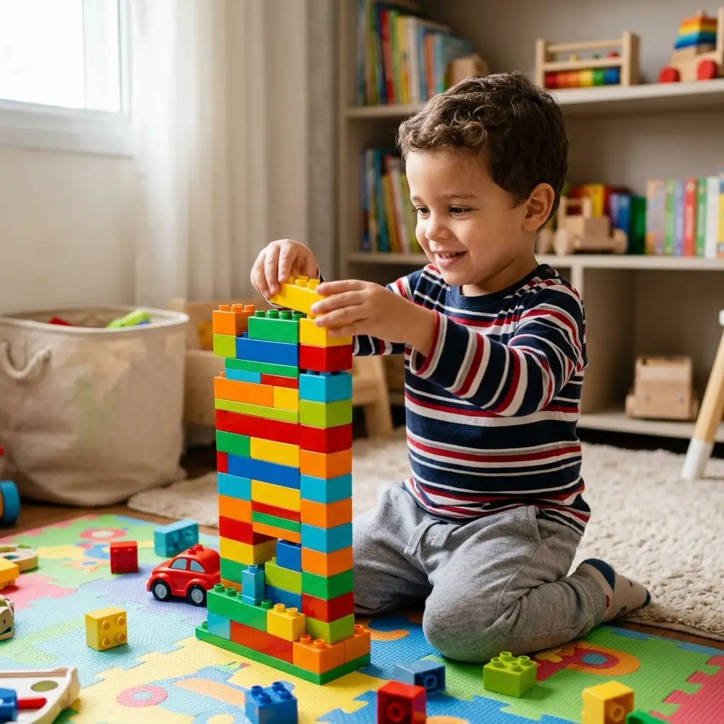 Menino de 3 a 4 anos brincando com blocos de montar coloridos, um dos melhores brinquedos para essa idade