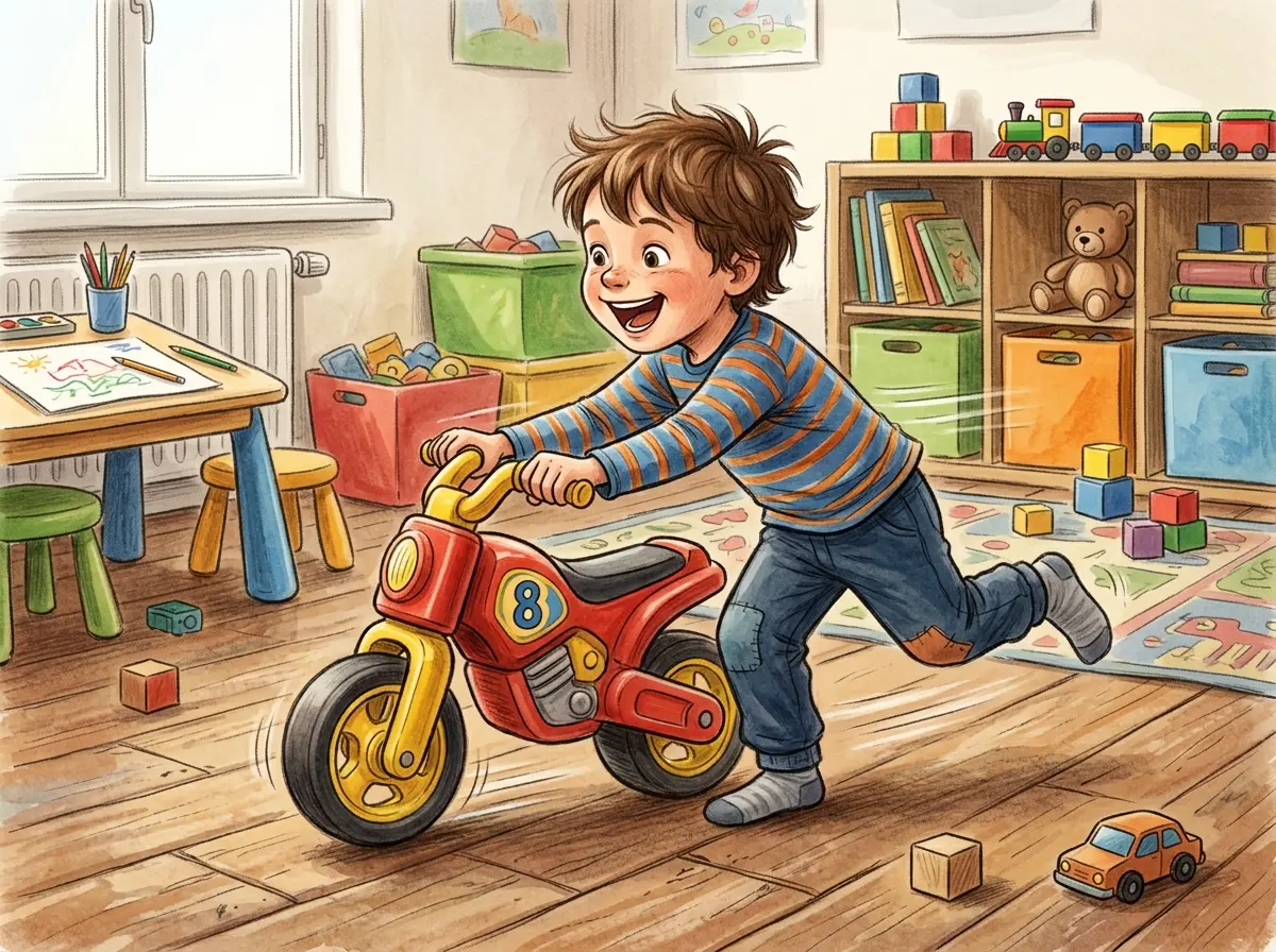 Moto de brinquedo com capacete e acessórios de segurança organizados lado a lado