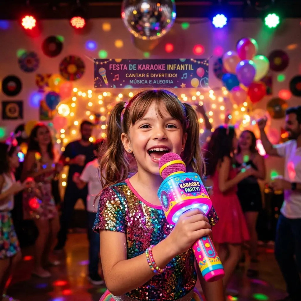 Criança cantando com microfone de karaokê infantil colorido