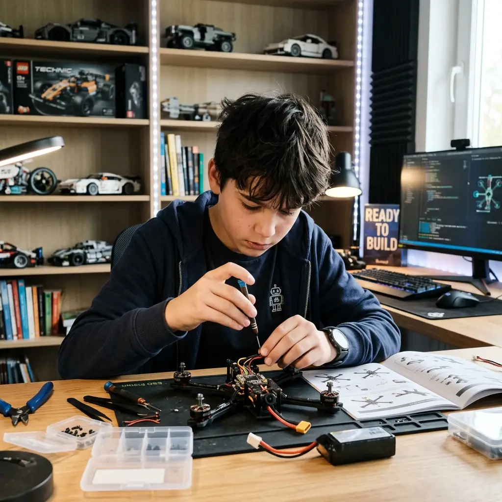 Adolescente de 12 a 14 anos jogando videogame ou montando kit de drone/robótica, um dos melhores brinquedos para essa idade