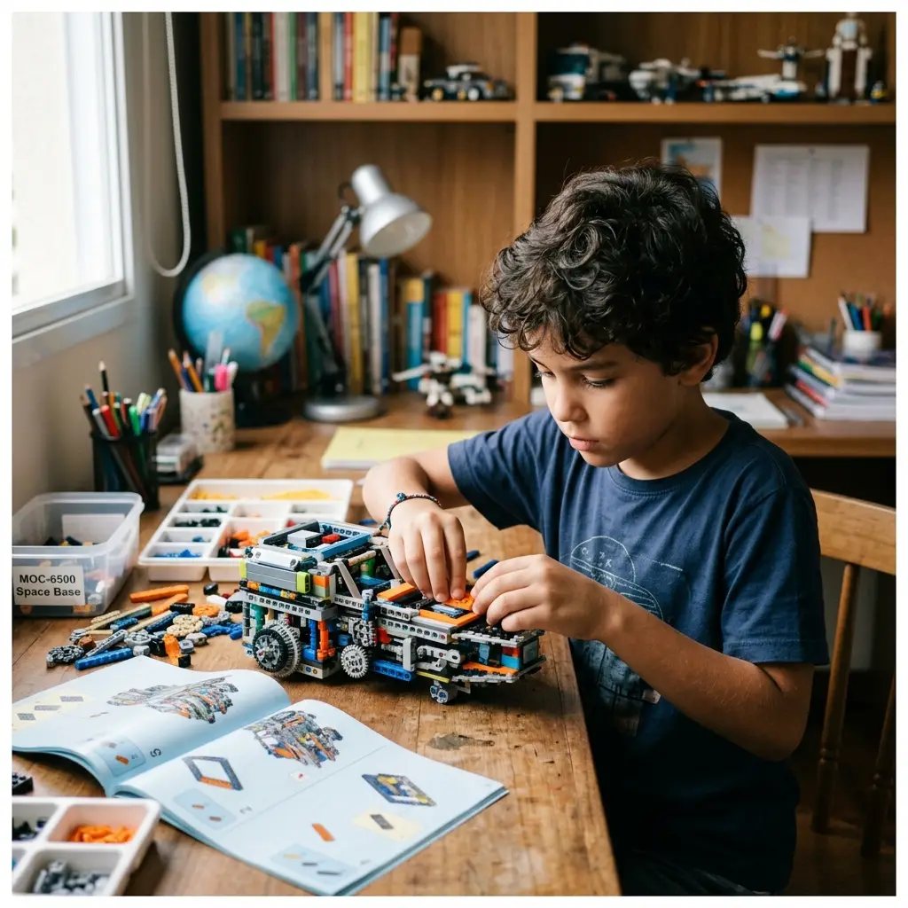 Menino de 8 a 11 anos brincando com kit de LEGO ou pista de carrinhos, um dos melhores brinquedos para essa idade