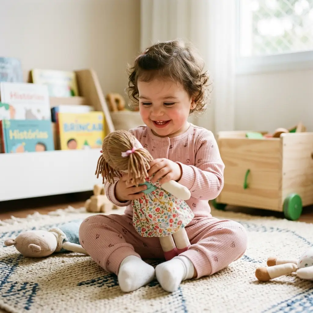 Brinquedos para meninas de 1 a 2 anos: boneca macia Menina de 1 a 2 anos brincando com boneca macia ou brinquedo de encaixe colorido, um dos melhores brinquedos para essa idade