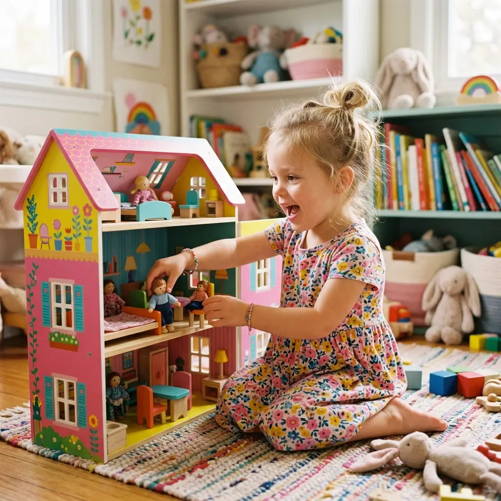 Menina de 3 a 4 anos brincando com cozinha de brinquedo ou boneca de faz de conta, um dos melhores brinquedos para essa idade