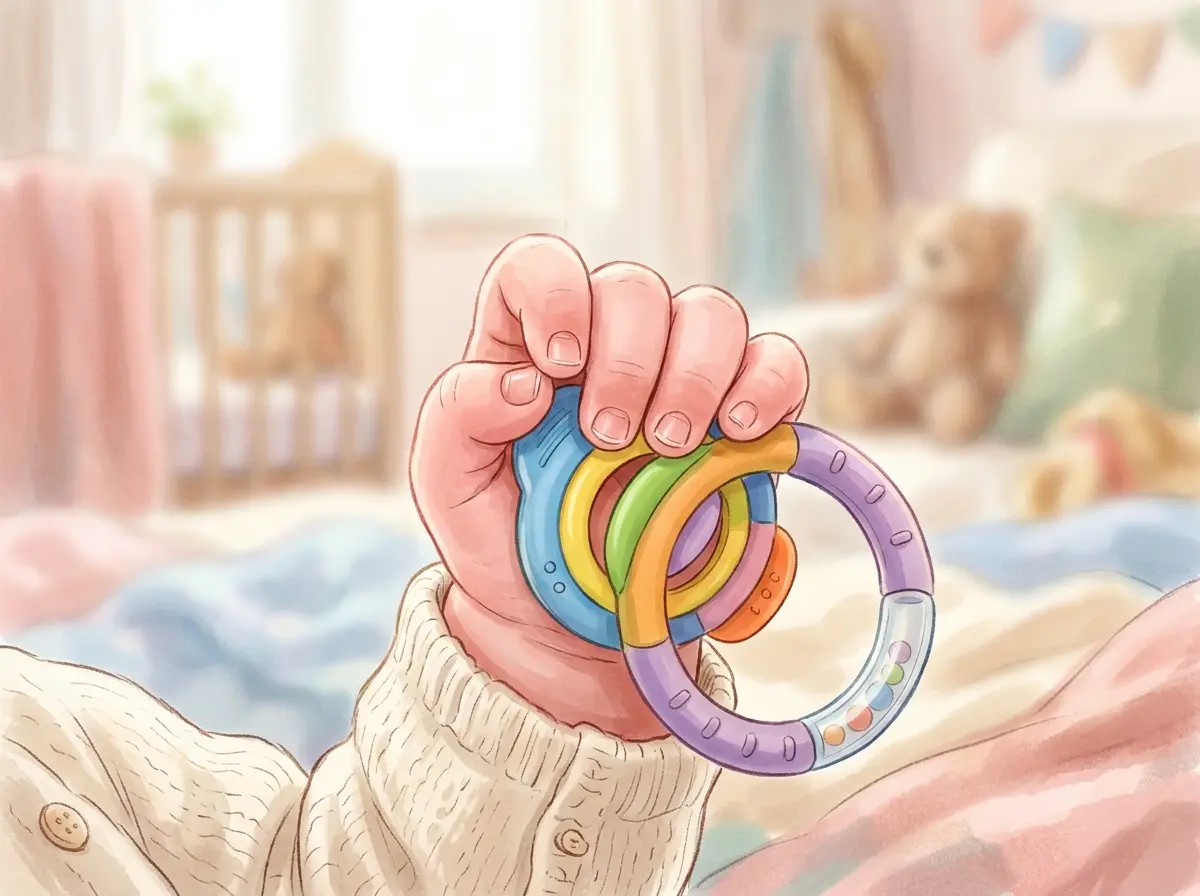 Ilustração de mão de bebê segurando chocalho de argolas coloridas, brinquedo sensorial indicado para bebês de 0 a 3 meses