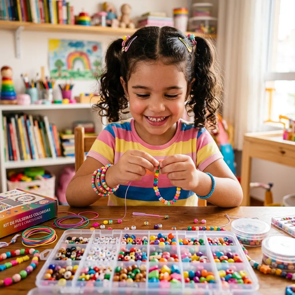 Menina de 5 a 7 anos brincando com kit de arte ou boneca de moda, um dos melhores brinquedos para essa idade