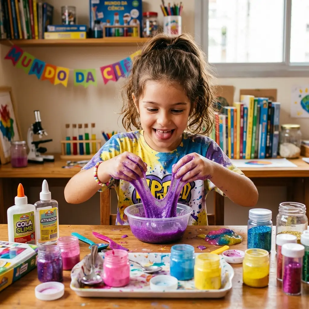 Menina de 8 a 11 anos brincando com kit de slime ou jogo de tabuleiro, um dos melhores brinquedos para essa idade