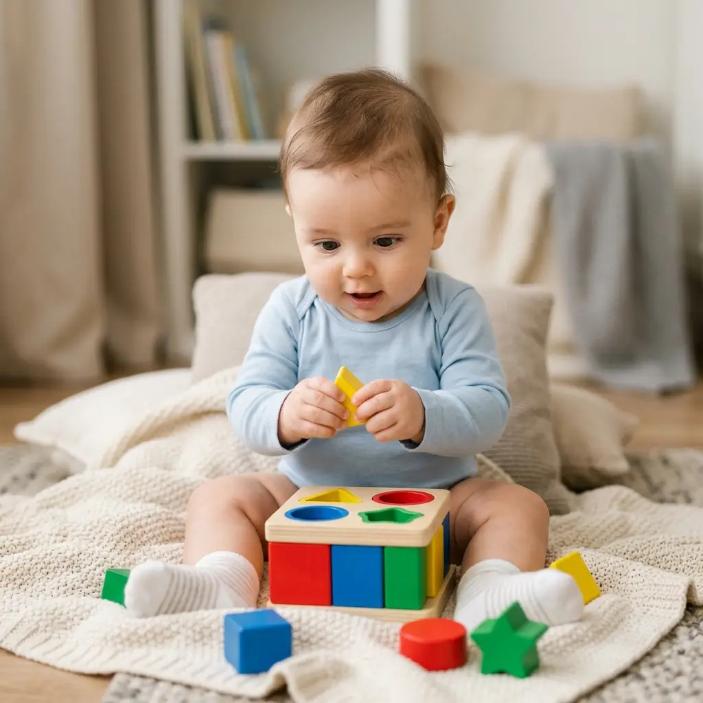 Brinquedos para bebês de 4 a 7 meses: cubo de encaixe de formas Bebê de 4 a 7 meses sentado brincando com cubo de encaixe de formas geométricas coloridas, um dos melhores brinquedos para essa fase