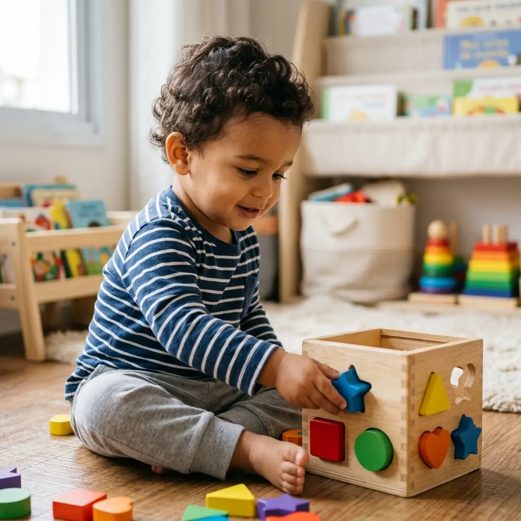 Criança de 1 a 2 anos brincando com brinquedo educativo de encaixe de formas, um dos melhores brinquedos educativos para essa idade