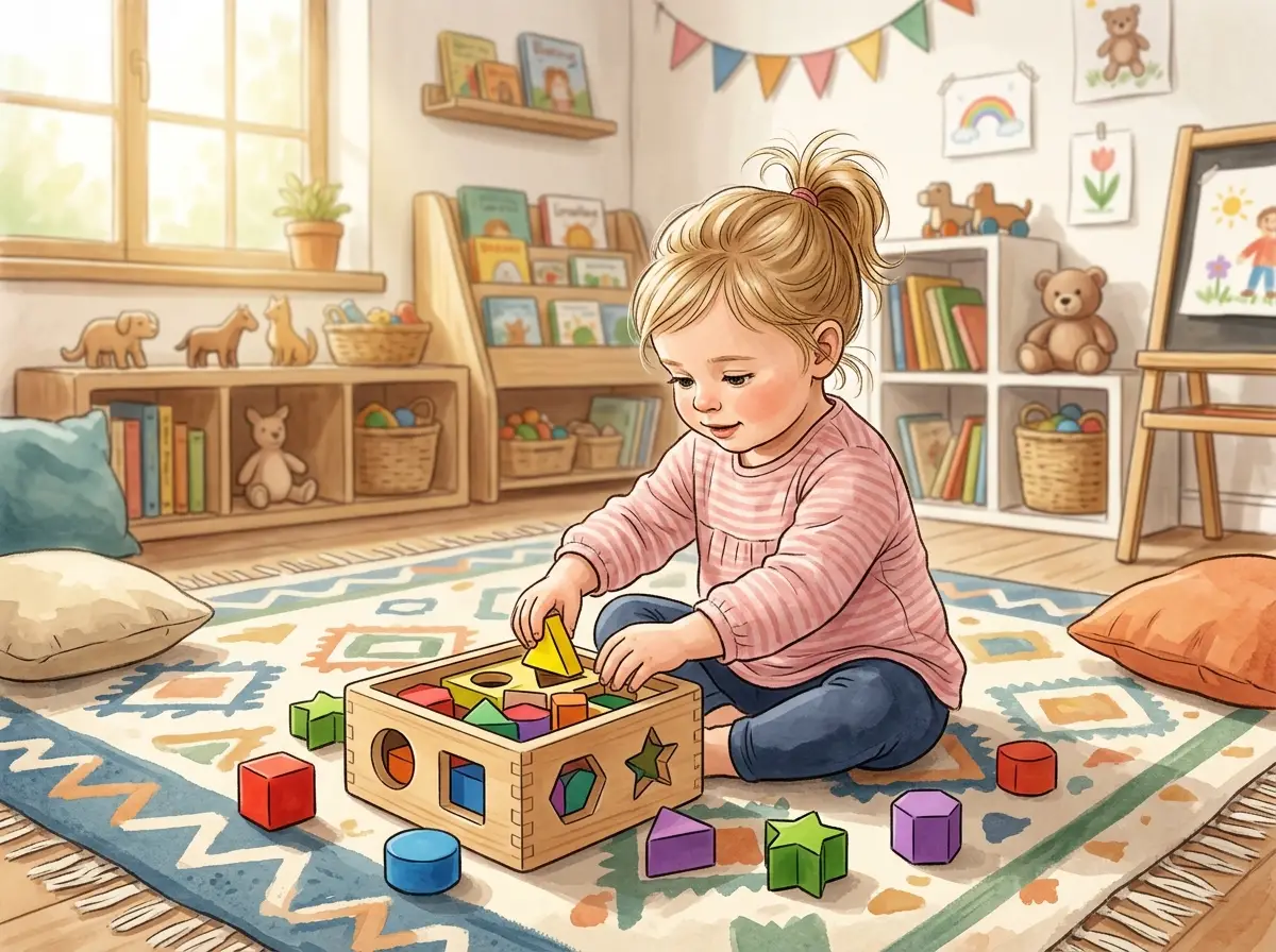 Blocos educativos e brinquedos sensoriais organizados para crianças de 1 a 2 anos
