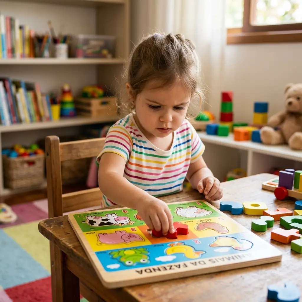Criança de 3 a 4 anos brincando com quebra-cabeça ou jogo educativo de encaixe, um dos melhores brinquedos educativos para essa idade