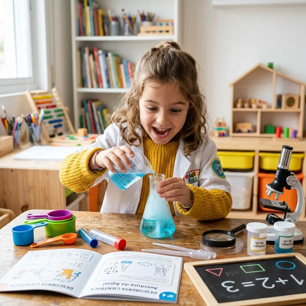 Criança de 5 a 7 anos brincando com kit de ciências ou jogo educativo de matemática, um dos melhores brinquedos educativos para essa idade