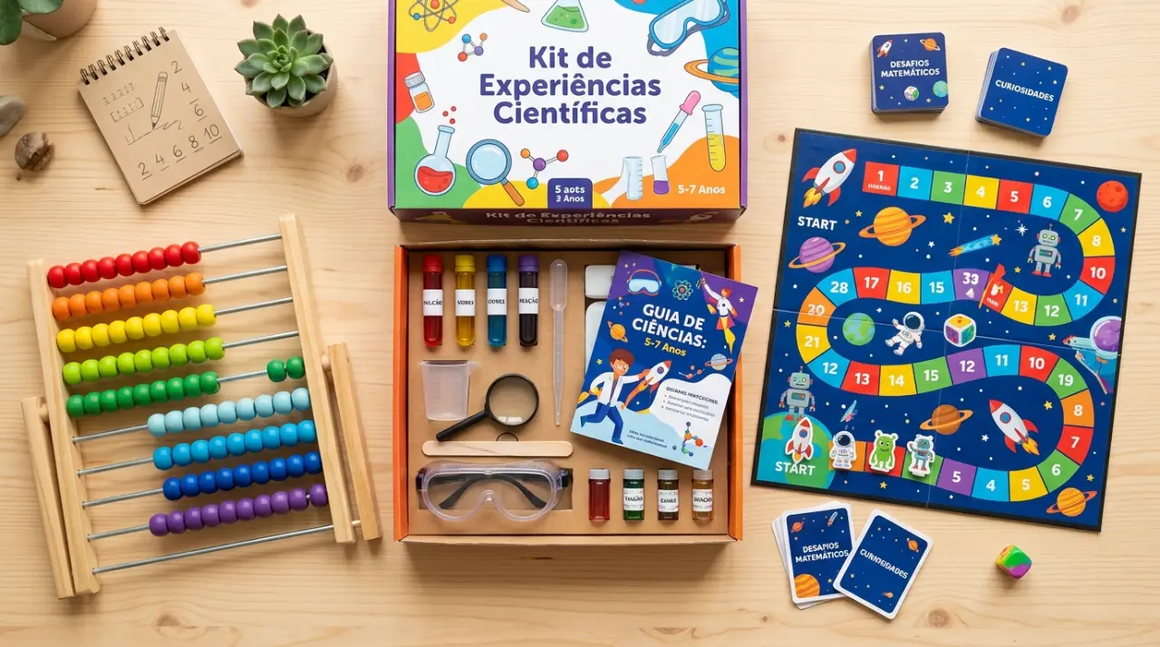 Capa do guia dos melhores brinquedos educativos para crianças de 5 a 7 anos, com kits de ciência, jogos e quebra-cabeças