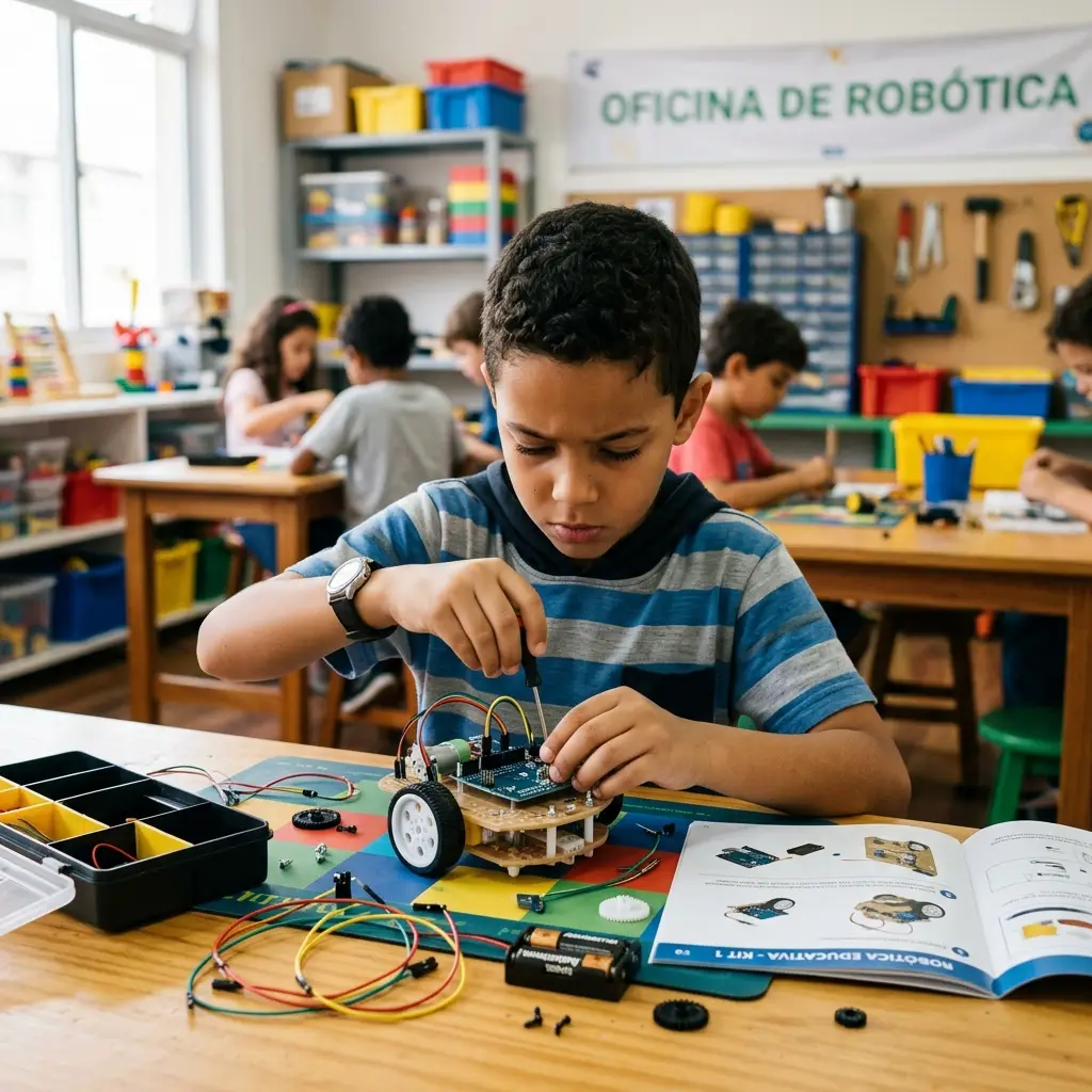 Criança de 8 a 11 anos brincando com kit de robótica ou jogo educativo de programação, um dos melhores brinquedos educativos para essa idade
