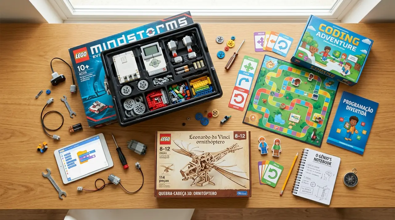 Capa do guia dos melhores brinquedos educativos para crianças de 8 a 11 anos, com kits de robótica, jogos de programação e quebra-cabeças