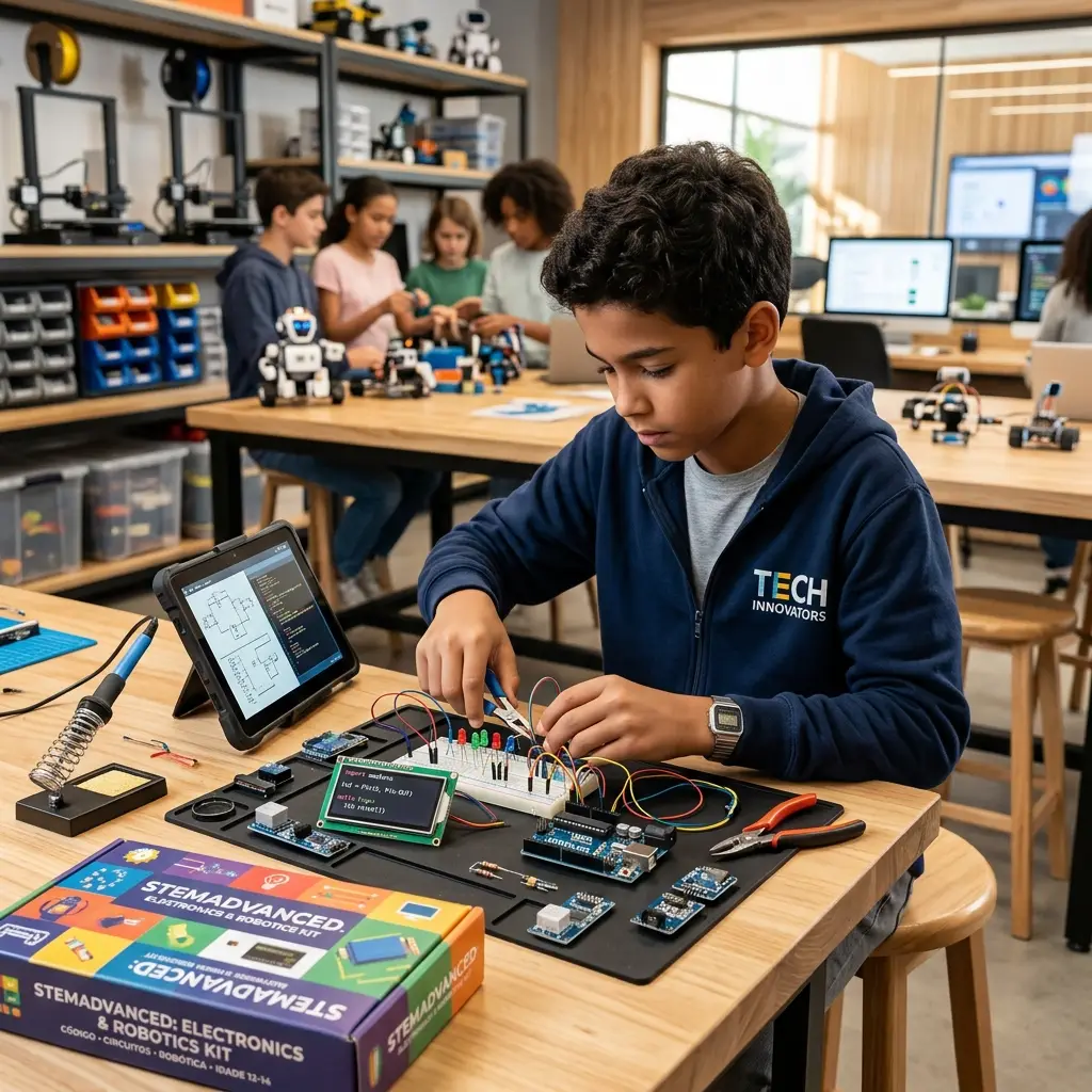Adolescente de 12 a 14 anos brincando com kit de química ou jogo educativo avançado, um dos melhores brinquedos educativos para essa idade