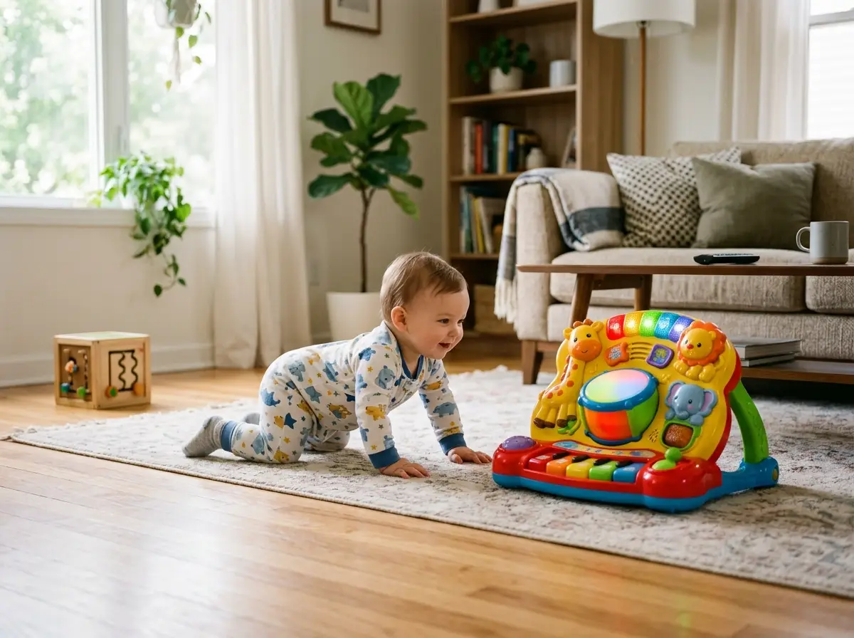 Brinquedos educativos para bebês de 4 a 7 meses Brinquedos educativos coloridos para bebês de 4 a 7 meses organizados lado a lado, incluindo chocalhos e blocos de encaixe