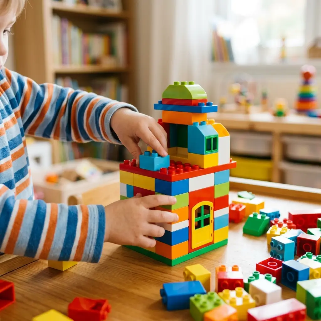Criança montando um kit de LEGO colorido, um dos melhores brinquedos da LEGO para se divertir
