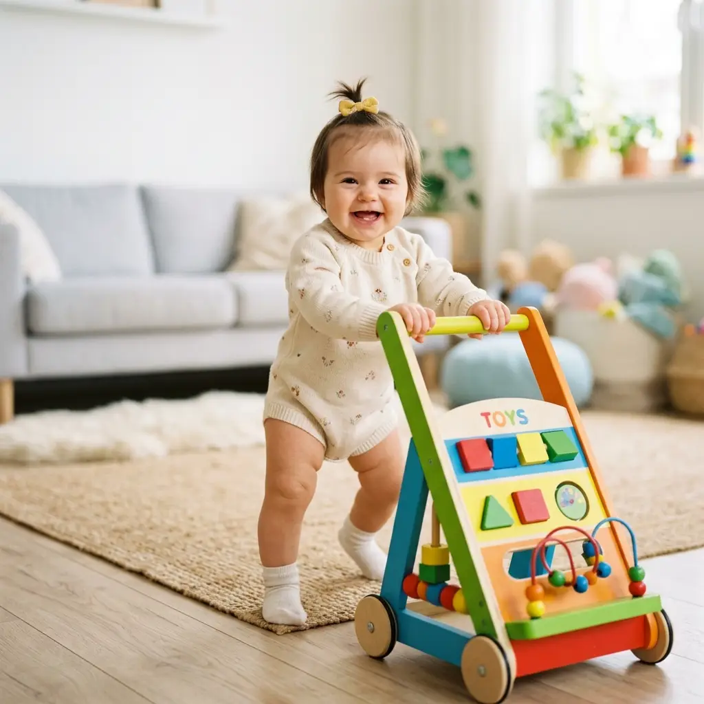 Bebê de 8 a 12 meses engatinhando em direção a brinquedo de empurrar com formas coloridas, um dos melhores brinquedos para essa fase