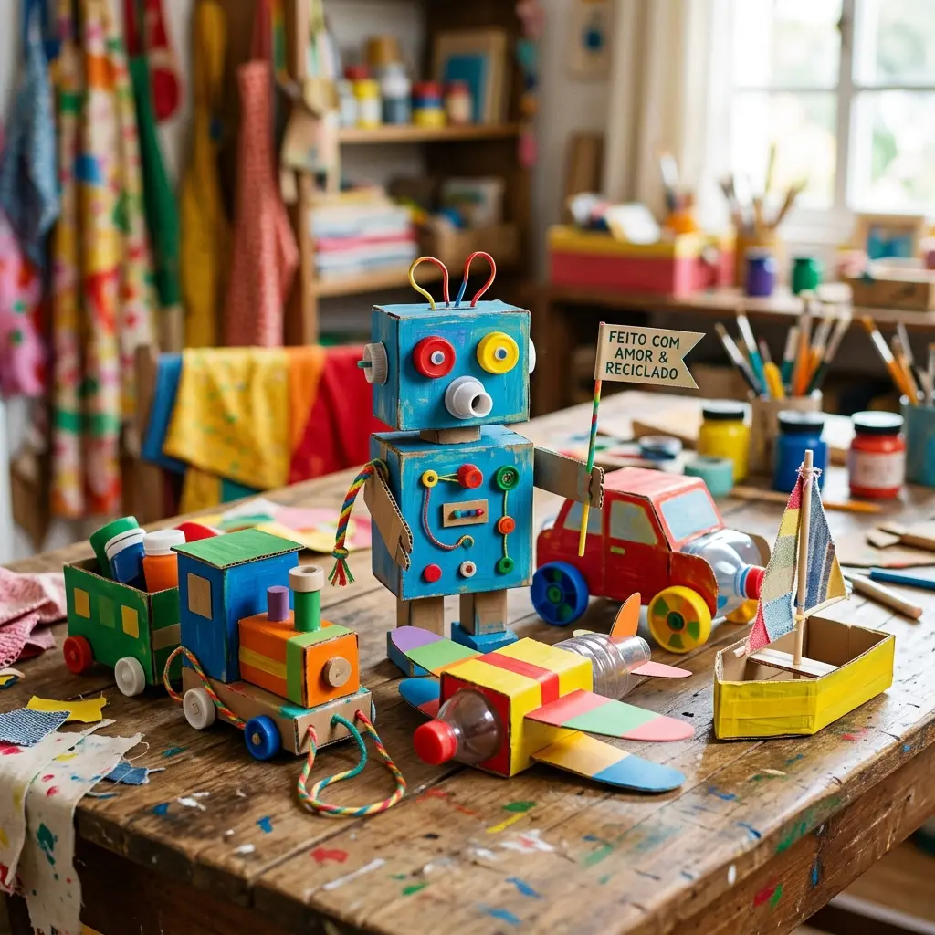 Brinquedos recicláveis: feitos com materiais reaproveitados Criança montando brinquedo feito de material reciclado com os pais, um dos melhores brinquedos recicláveis para fazer com os filhos
