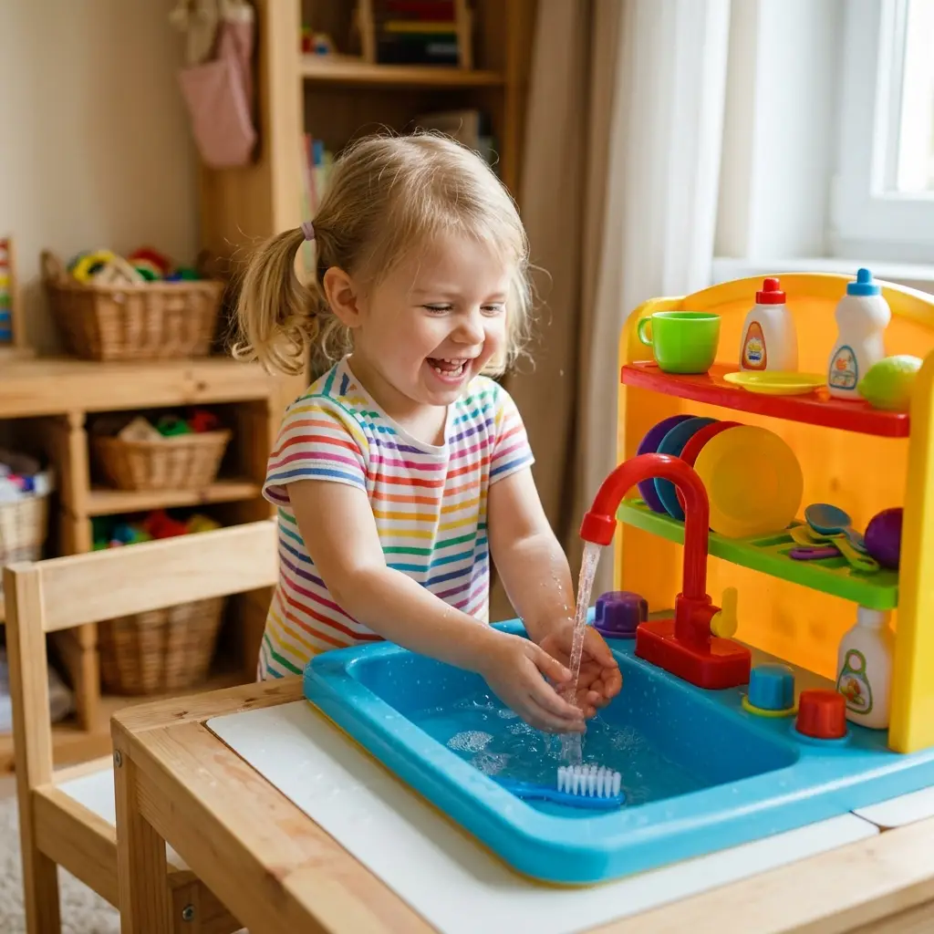 Criança brincando com pia de brinquedo que sai água de verdade na cozinha infantil