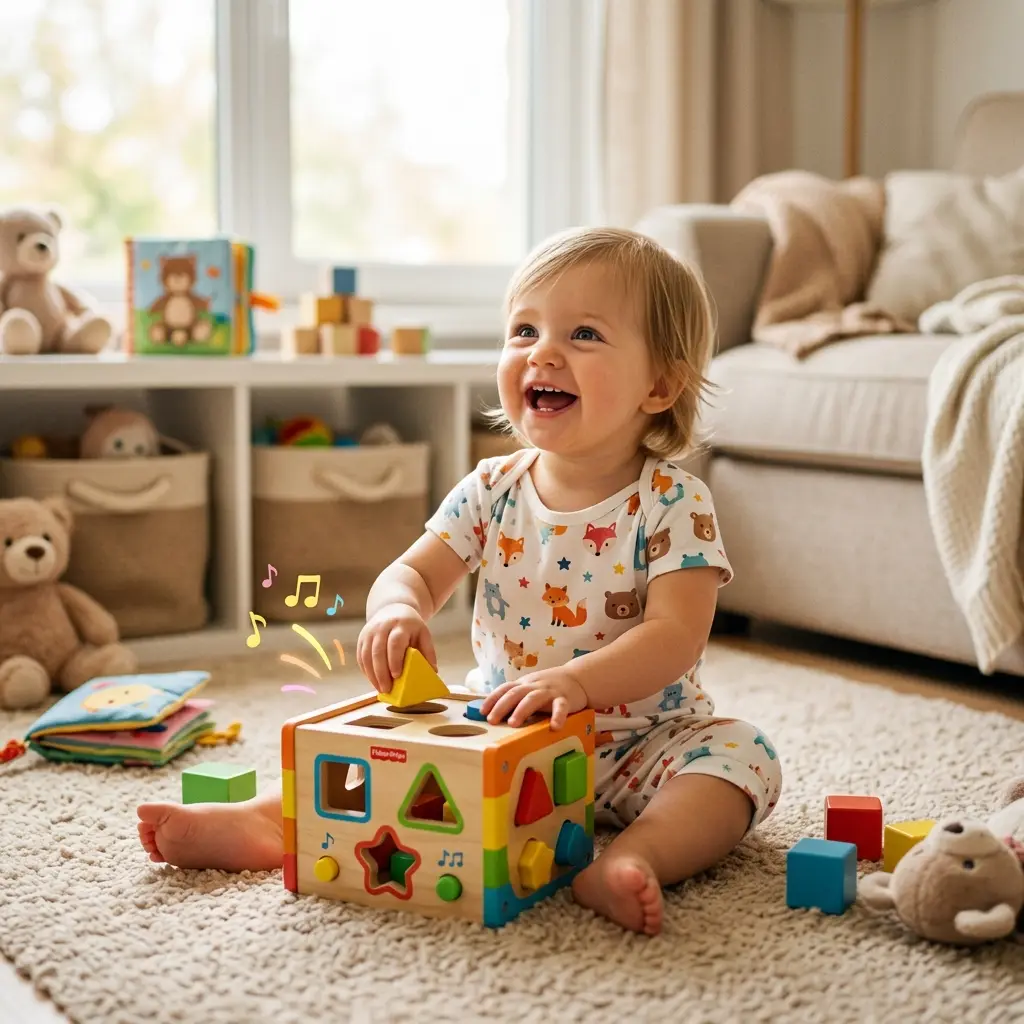 Criança de 1 ano brincando com brinquedo educativo de encaixe, um dos melhores brinquedos educativos para essa idade
