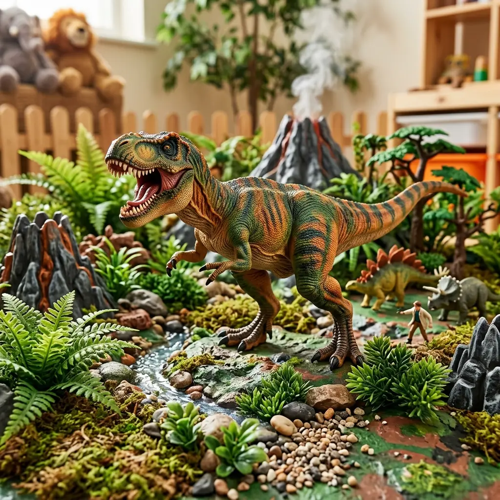 Criança brincando com dinossauros de brinquedo realistas, um dos melhores brinquedos de dinossauro para crianças