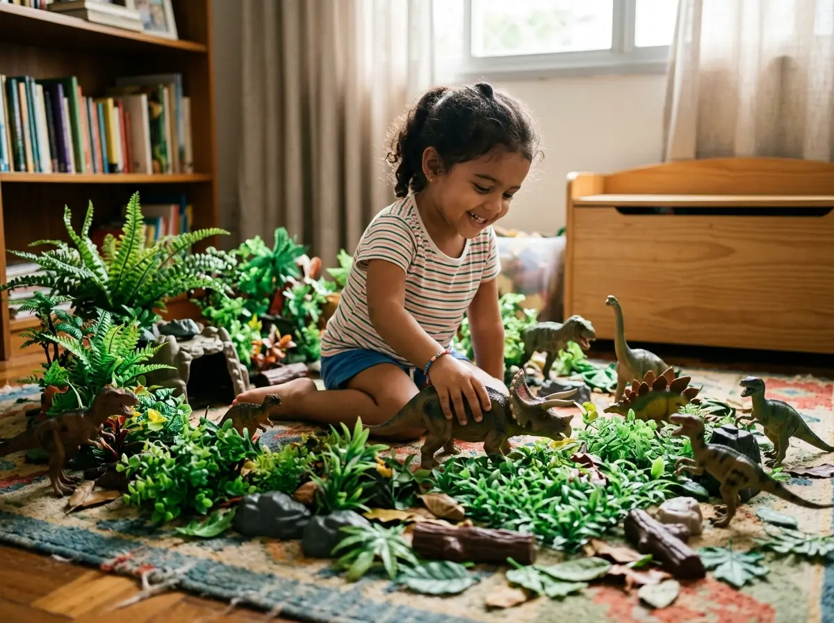 Kit de escavação de dinossauro e figuras organizadas lado a lado