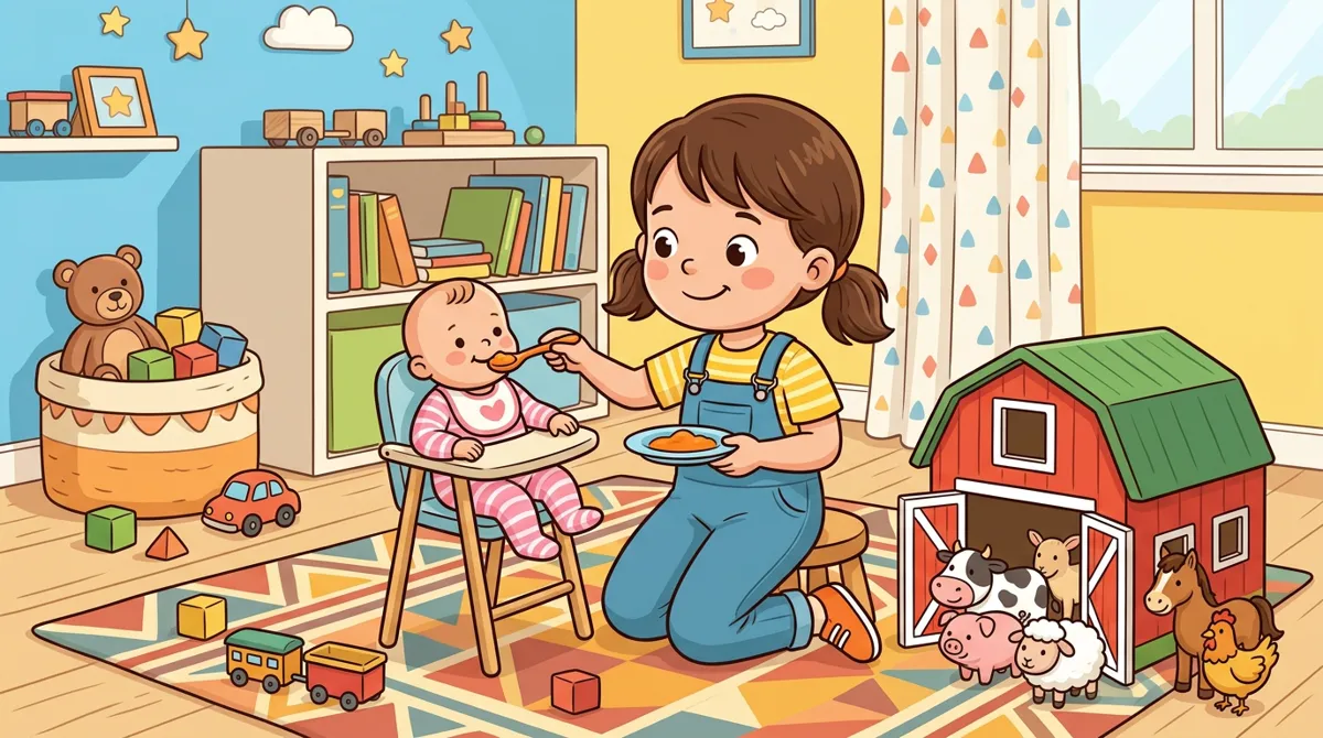 Menina alimentando uma boneca com pratinho e colher, ao lado de uma fazendinha de brinquedo com animais Menina alimentando uma boneca com pratinho e colher, ao lado de uma fazendinha de brinquedo com animais