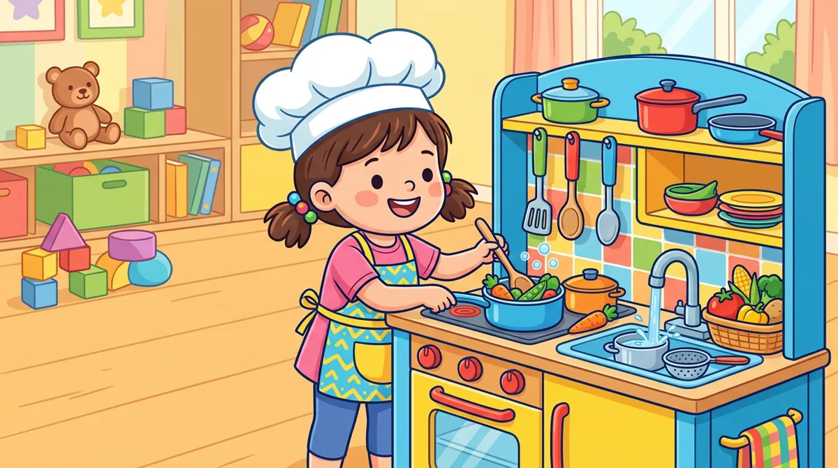 Menina de 4 anos de chapéu de chef cozinhando em uma cozinha de brinquedo com torneira e panelinhas
