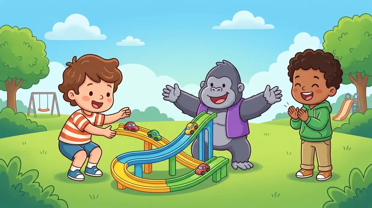 Menino lançando carrinhos em uma pista colorida com um gorila gigante como obstáculo, e um amigo torcendo