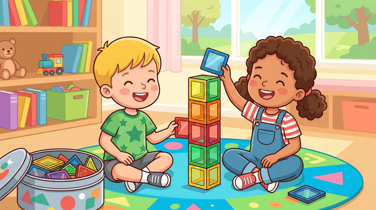 Duas crianças construindo uma torre com blocos magnéticos translúcidos, ao lado de uma lata de peças