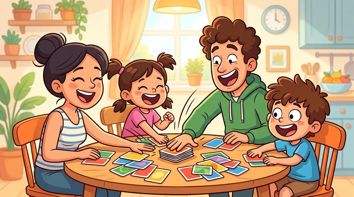 Família de quatro jogando um jogo de cartas rápido em volta da mesa, com as mãos batendo nas cartas Família de quatro jogando um jogo de cartas rápido em volta da mesa, com as mãos batendo nas cartas