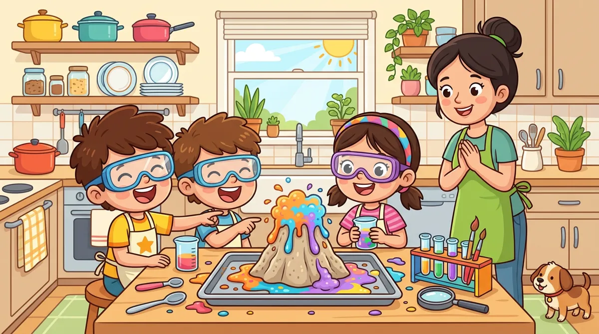 Crianças de óculos de proteção fazendo um experimento com vulcão de espuma colorida, com a mãe supervisionando