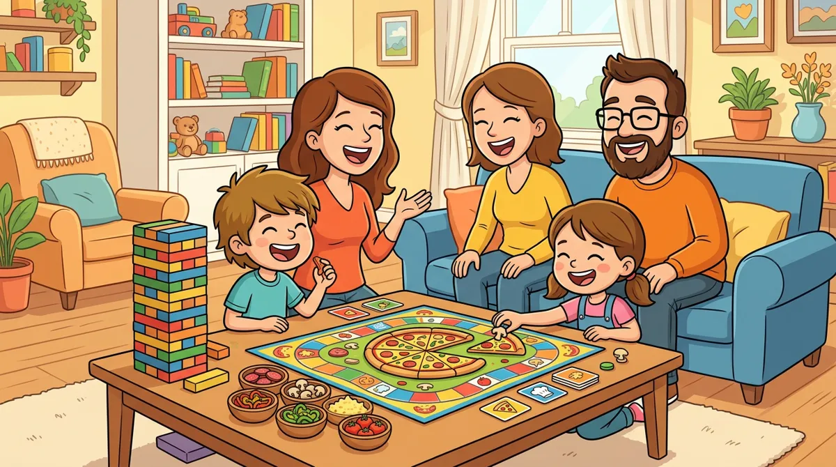 Família jogando um jogo de tabuleiro de pizza na sala, com uma torre de blocos de madeira ao lado